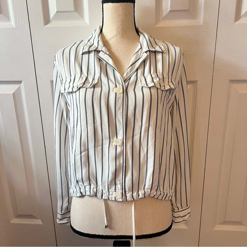 Massimo Dutti Navy and White Striped Button-Down Shirt Jacket Size Small
